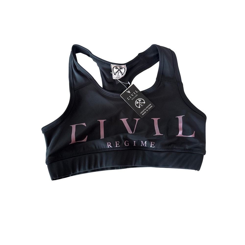 Civil Regime Womens Black Logo Racerback Sports Bra Rose Gold Graphic NWT Size S